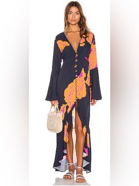 Maaji Blue Maxi Dress with Orange and Pink Floral Print Size Medium